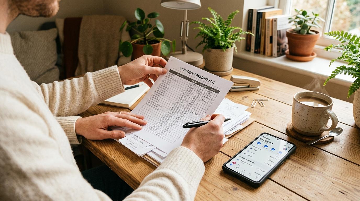 Como fazer múltiplos Pix simultâneos e agilizar seus pagamentos do dia a dia 2 Mãos organizando uma lista de pagamentos em papel sobre mesa de escritório limpa, smartphone aberto ao lado com app bancário visível, xícara de café