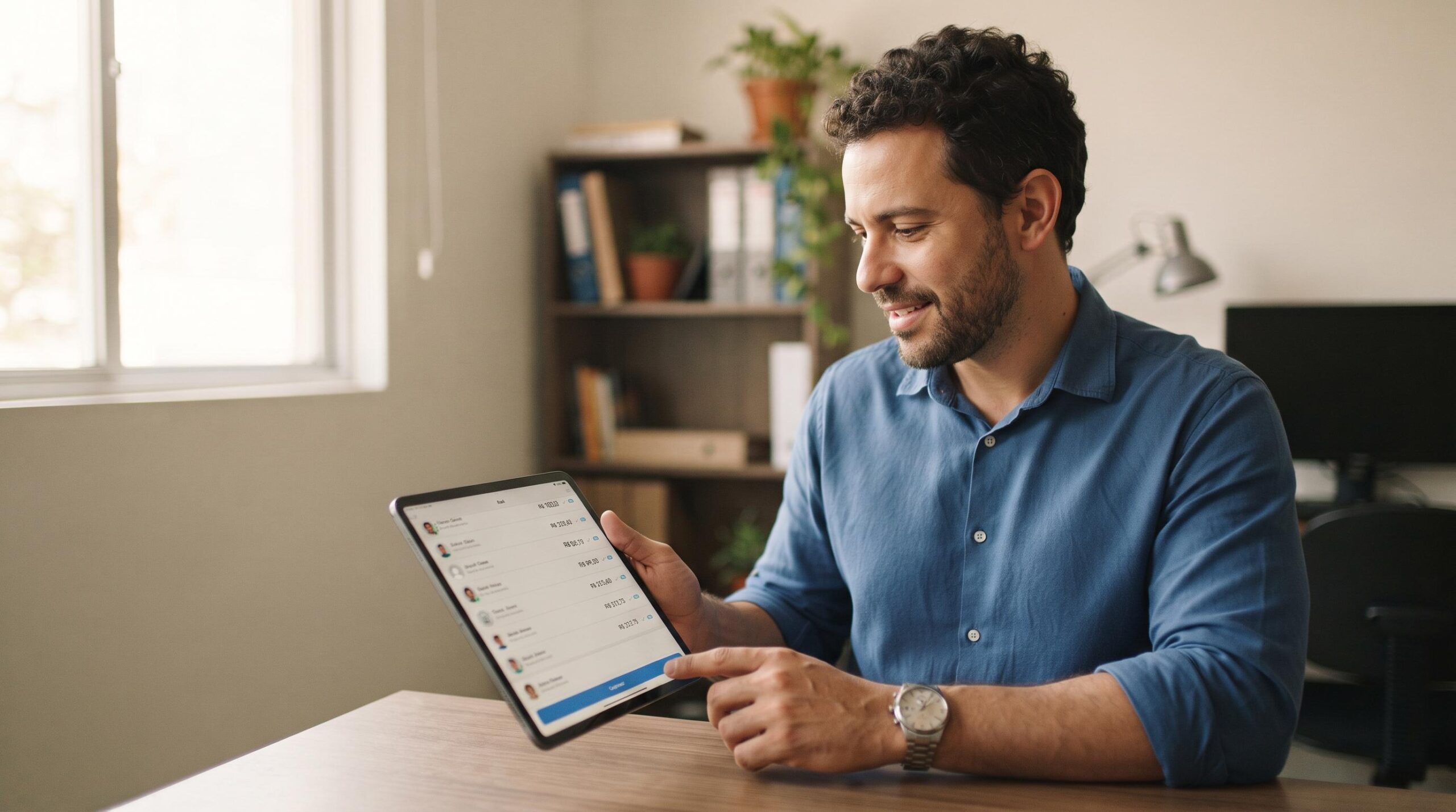 Como fazer múltiplos Pix simultâneos e agilizar seus pagamentos do dia a dia 3 Pequeno empresário brasileiro revisando múltiplas transferências em tablet, tela mostrando lista de destinatários e valores para aprovação