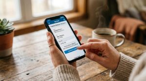 Como transferir dinheiro entre cofrinhos digitais e reorganizar suas metas financeiras 3 Pessoa usando aplicativo bancário no celular para transferir dinheiro enquanto toma café