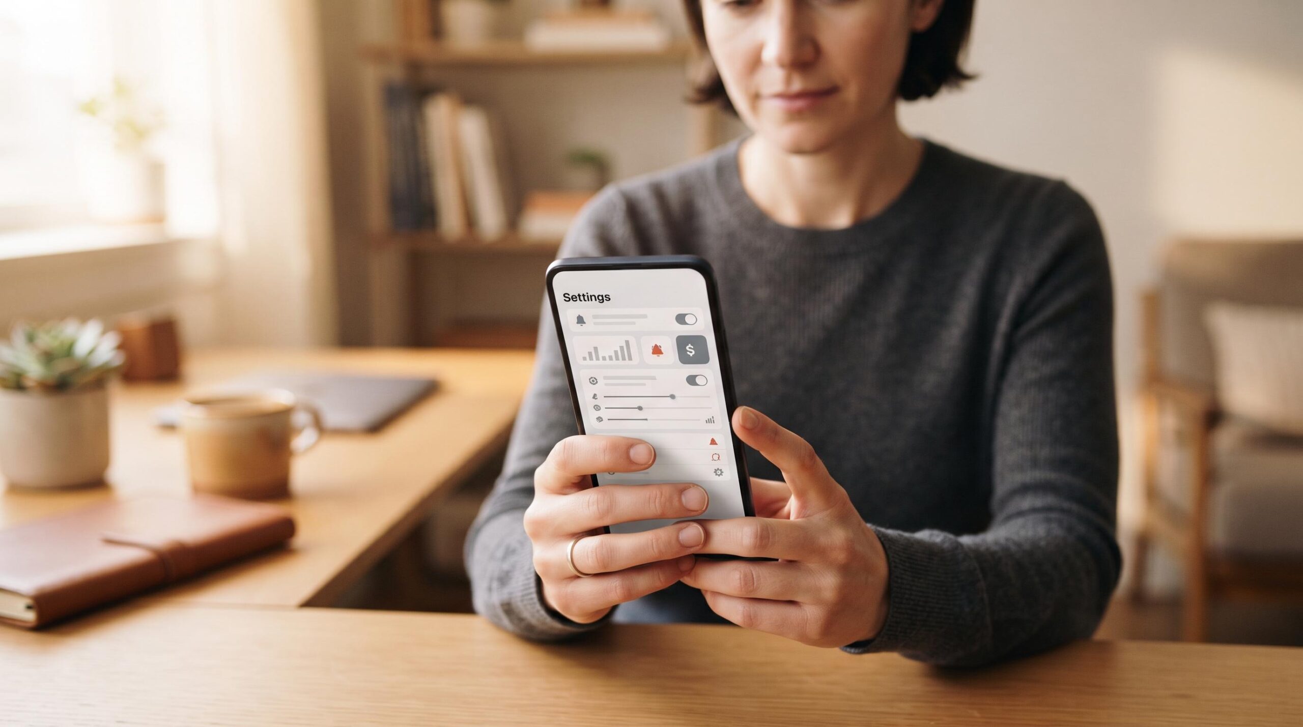 Pessoa ajustando as configurações de notificação em um aplicativo financeiro no celular