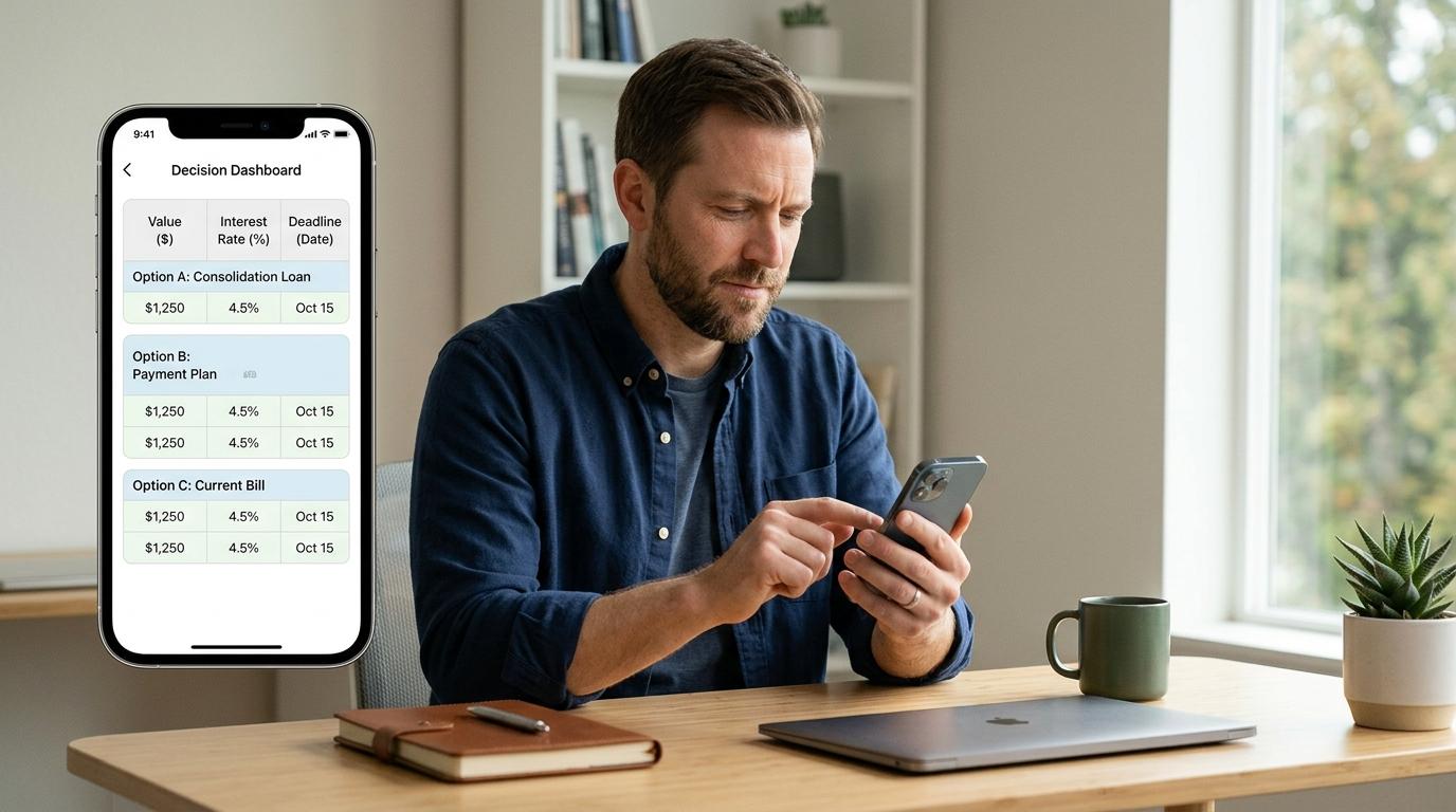 Como refinanciar um crédito digital e reorganizar suas parcelas com mais fôlego 1 Pessoa usando smartphone em mesa com caderno, caneta, laptop e planta perto da janela
