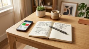 Como transferir dinheiro entre cofrinhos digitais e reorganizar suas metas financeiras 2 Mesa de trabalho limpa e moderna com smartphone, caderno aberto e caneta, representando planejamento financeiro e reorganização de metas