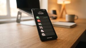 Como personalizar notificações no aplicativo financeiro e manter o controle das suas finanças 3 Celular com tela preta exibindo ícones de aplicativos e horário sobre mesa de madeira clara