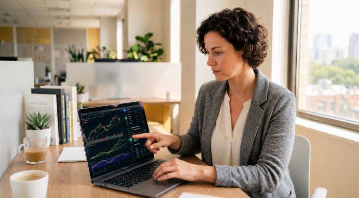 Pessoa analisando gráficos de ações em um notebook para decidir se participa de um IPO