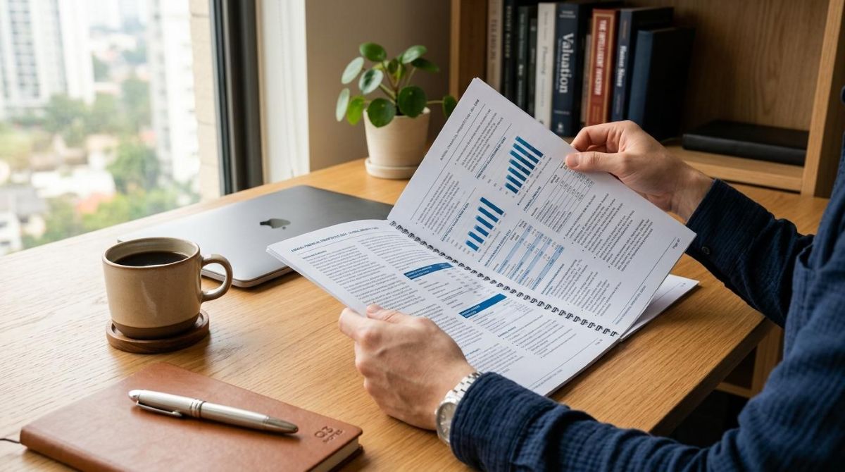 Como investir em IPOs como pessoa física: guia com o passo a passo completo 3 Pessoa analisando gráficos em caderno espiralado sobre mesa de madeira com laptop e café