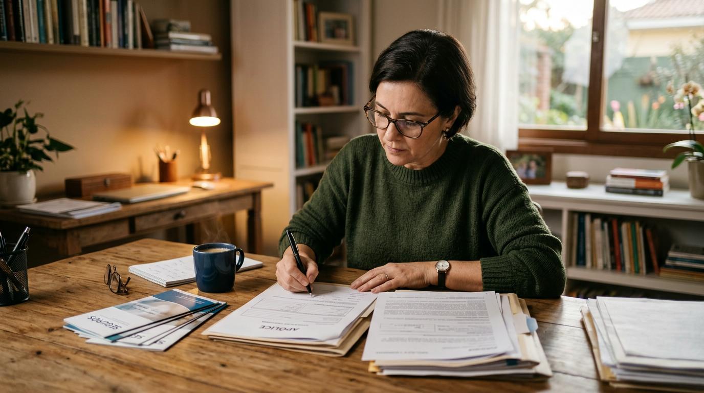 Pessoa adulta concentrada analisando documentos de apólice sobre uma mesa de trabalho de madeira, com caneta na mão, óculos e xícara de café ao lado,