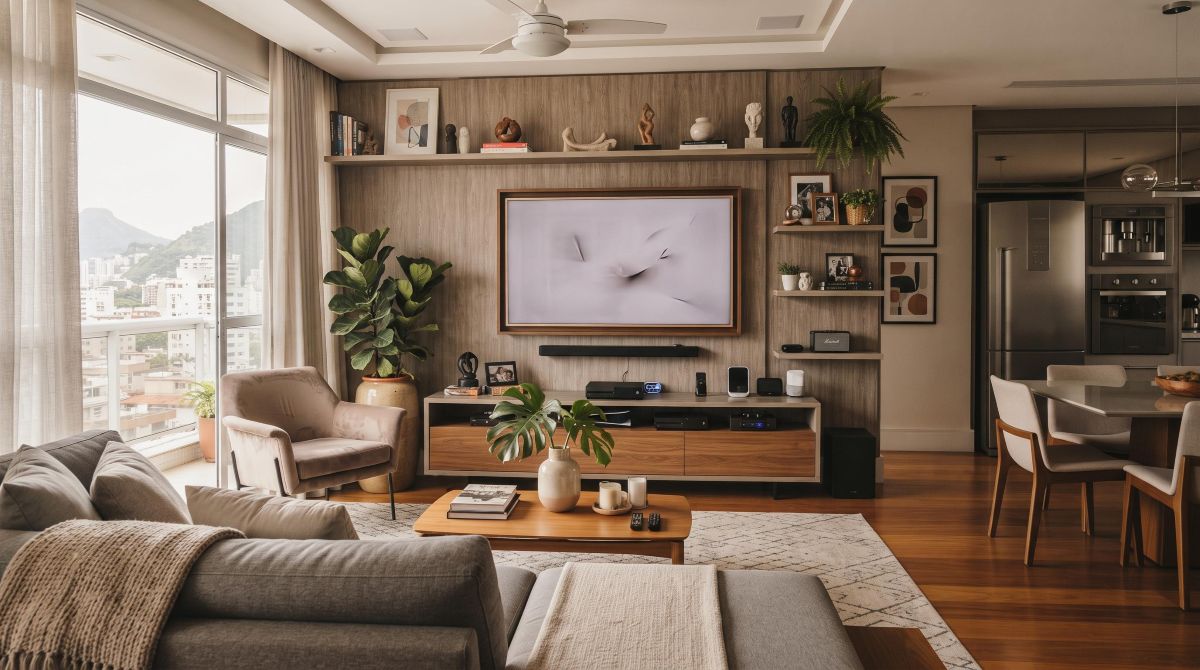 Seguro residencial: o que cobre de verdade na sua apólice 3 Sala de estar brasileira moderna e aconchegante com televisão, eletrodomésticos, móveis de qualidade e objetos decorativos