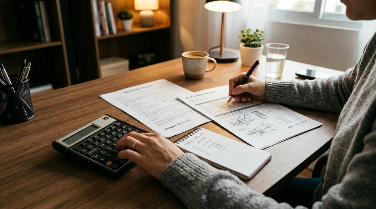 Como acionar um seguro passo a passo: guia completo para garantir sua indenização 3 Mãos de uma pessoa operando uma calculadora financeira e anotando valores em um bloco de notas, com documentos de seguro e uma fatura de reparo