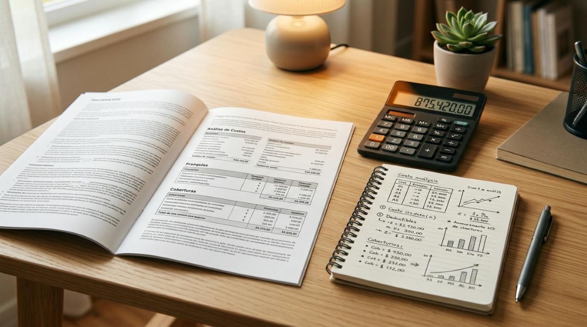 Como comparar apólices de seguro sem se perder nos detalhes 3 Uma calculadora moderna e anotações financeiras sobre uma mesa ao lado de uma apólice de seguro aberta, destacando a análise de custos e franquias