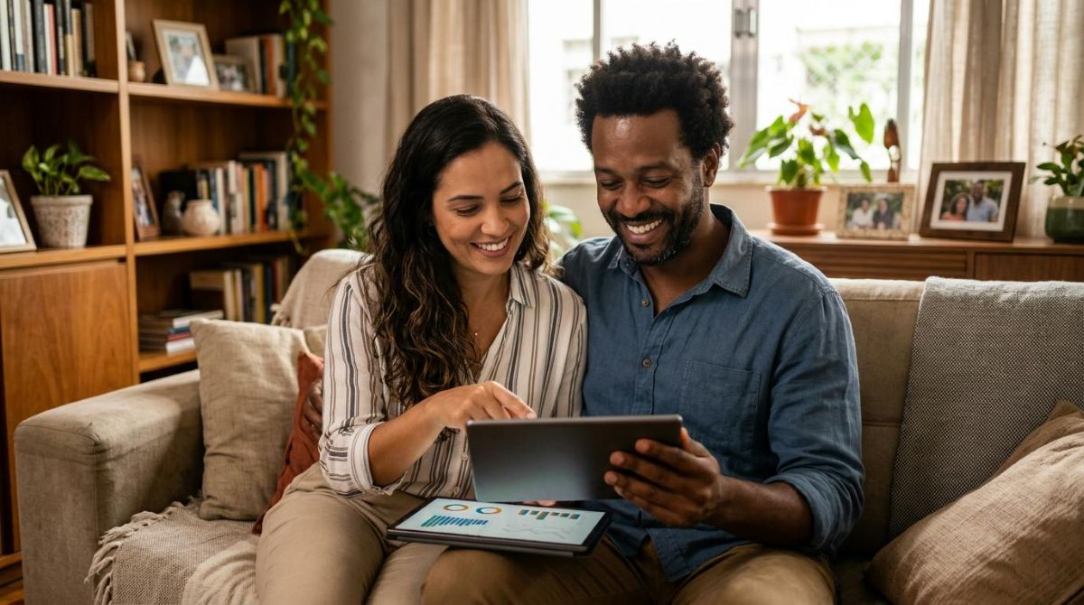 Quanto do orçamento destinar a seguros: guia prático para o Brasil 3 Um casal brasileiro sentado junto no sofá, sorrindo enquanto olha para um tablet, discutindo sobre proteção financeira e o futuro da família