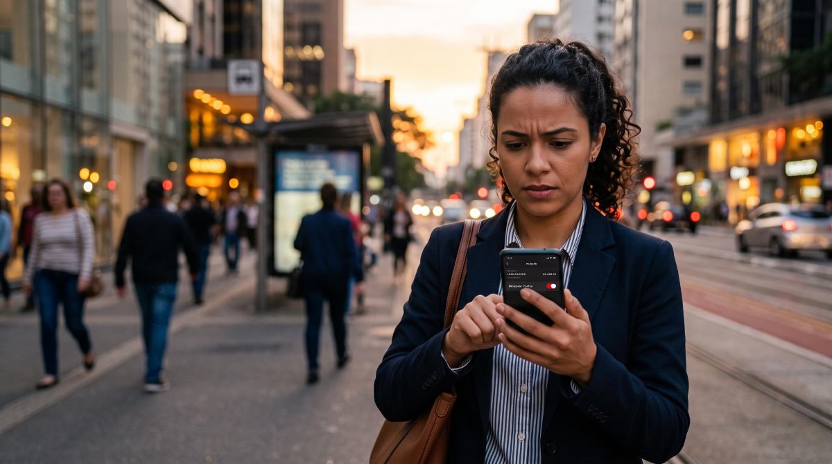 Como funciona o seguro de cartão de crédito e o que ele cobre 3 Pessoa bloqueia o cartão de crédito em um aplicativo de celular após perceber uma transação não autorizada, com expressão de atenção, em um cenário