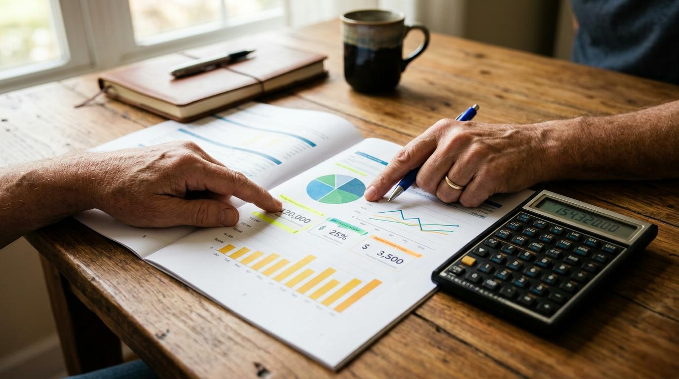 Mãos de uma pessoa analisando uma apólice de seguro com gráficos e valores destacados, ao lado de uma calculadora financeira sobre uma mesa de madeira