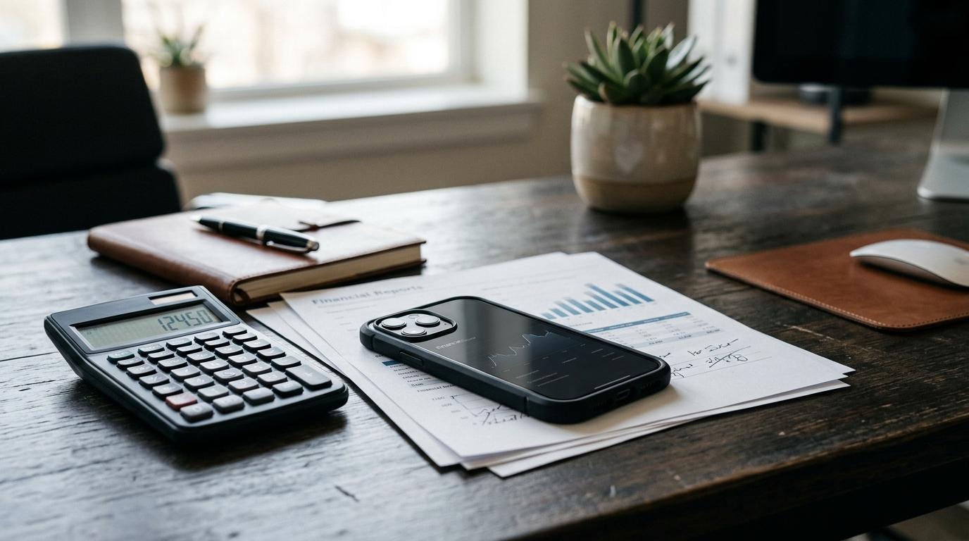 Um smartphone de última geração repousa sobre uma mesa de escritório ao lado de uma calculadora e documentos, representando análise financeira de prot
