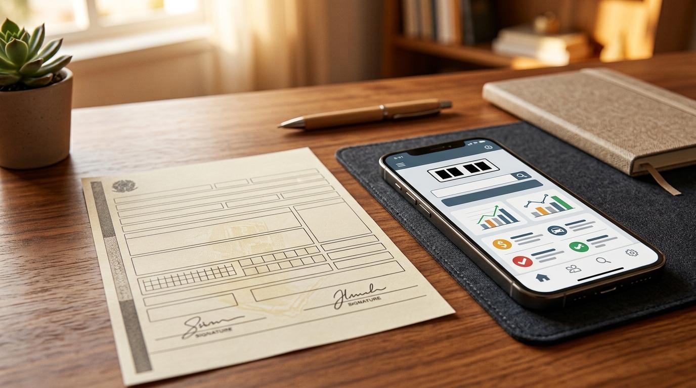 Smartphone sobre mesa mostrando aplicativo de consulta de débitos veiculares por placa, com documento de IPVA ao lado, ambiente organizado com ilumina