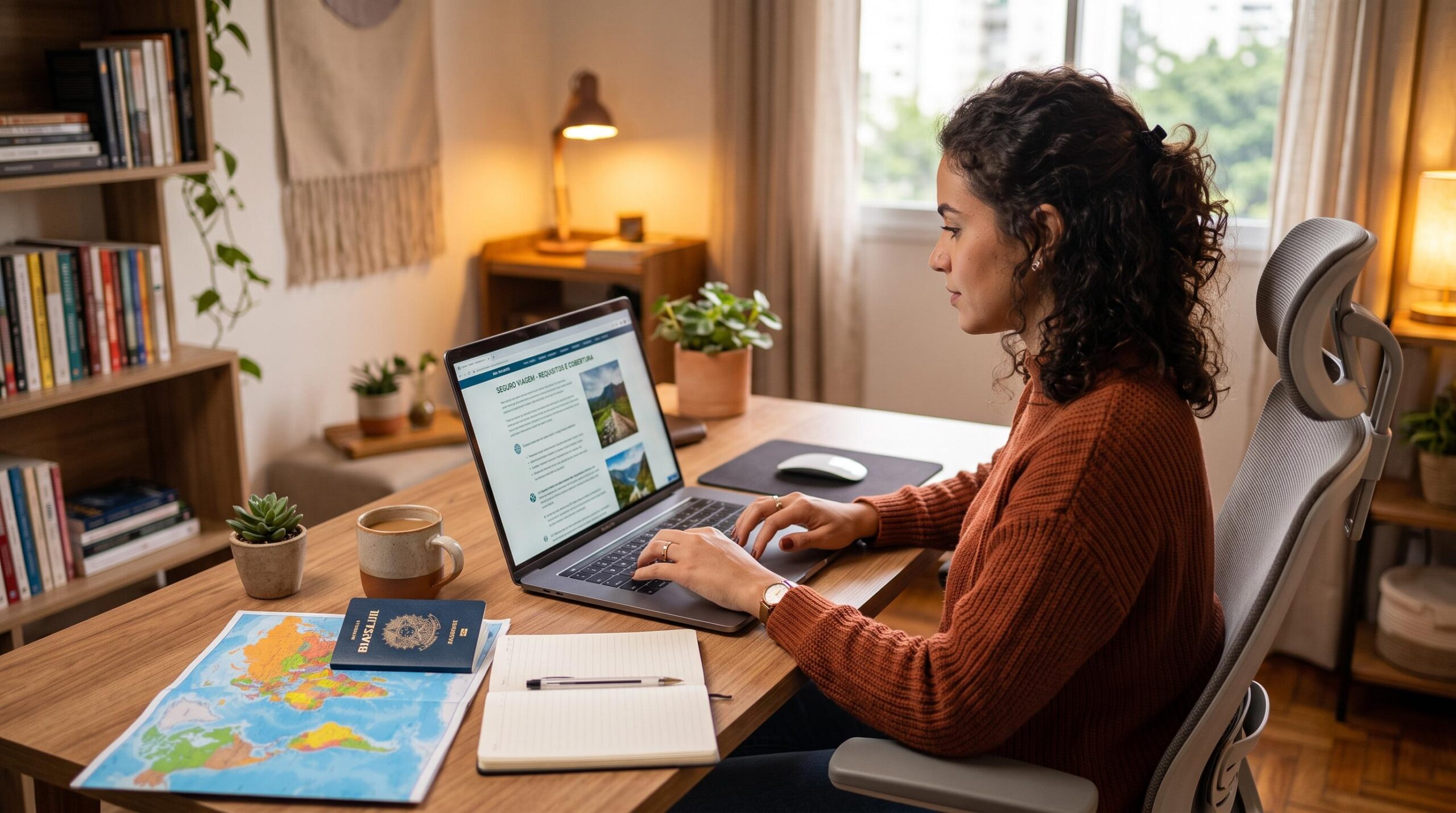 Seguro viagem quando é obrigatório: países, coberturas e situações 2 Pessoa sentada em mesa de escritório moderna consultando requisitos de seguro viagem em um notebook aberto, com passaporte e mapa mundial ao lado, amb