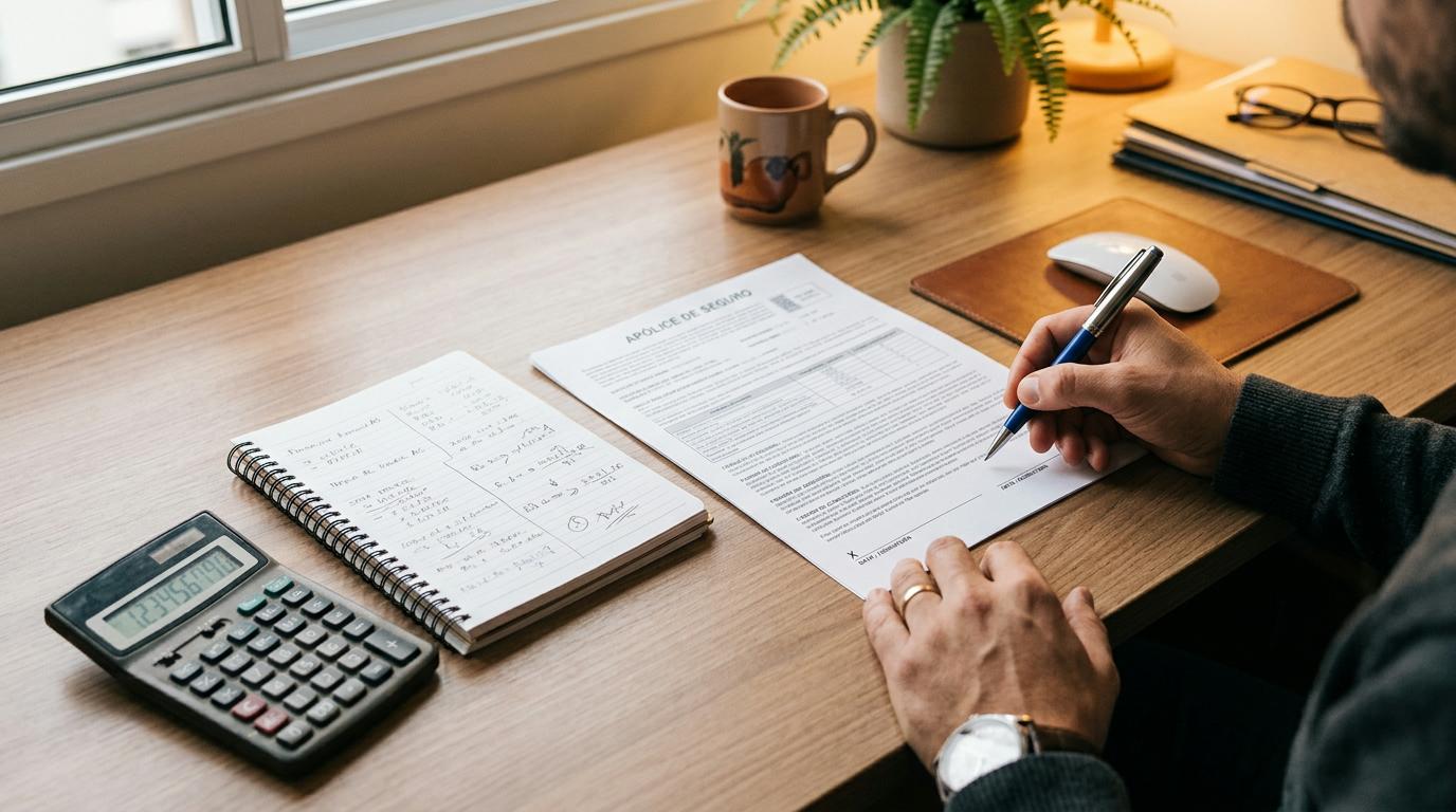 Quais seguros realmente valem a pena contratar para você e seu perfil 2 Mão de pessoa segurando caneta sobre documento de apólice de seguro ao lado de calculadora e caderno aberto com anotações financeiras, vista de cima e
