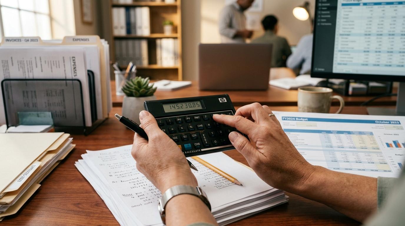 Como planejar 3 metas financeiras diferentes ao mesmo tempo sem perder o foco 3 Primeiro plano de mãos usando uma calculadora financeira sobre uma mesa de escritório, com notas fiscais organizadas e uma planilha de orçamento visív