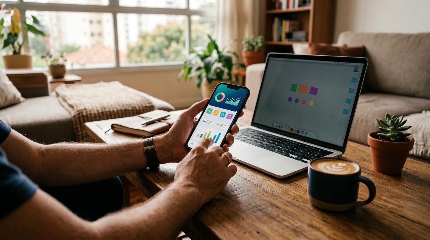 Tendências de fintechs 2026 no Brasil: o que muda no mercado financeiro digital 2 Mãos segurando um smartphone com interface de aplicativo bancário aberto, sobre uma mesa de café contemporâneo com notebook ao lado, representando o c