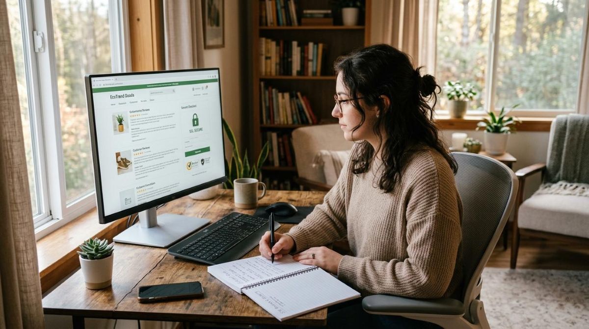 Como fazer minha primeira compra internacional online com segurança e sem sustos 3 Pessoa escrevendo em caderno enquanto trabalha no computador em escritório doméstico com luz natural