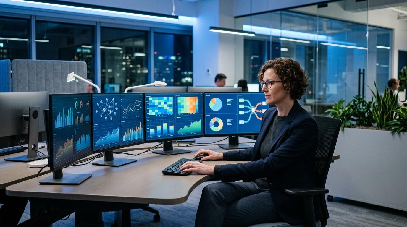 Tendências de fintechs 2026 no Brasil: o que muda no mercado financeiro digital 3 Profissional de tecnologia analisando dados em múltiplos monitores em um escritório moderno, com visualizações de segurança financeira e análise de ri
