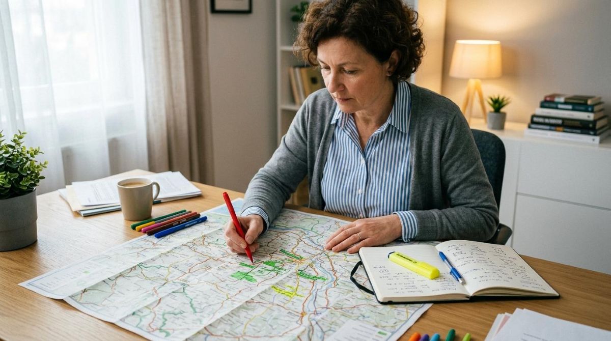 Como fazer um plano de contingência para desastres naturais e proteger quem você ama 3 Adulto analisando um mapa da região em uma mesa de escritório caseiro, marcando pontos de risco com canetas coloridas e consultando anotações