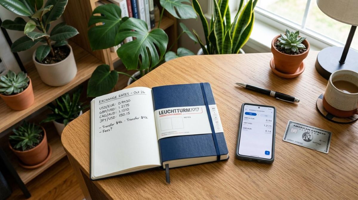 Como fazer minha primeira compra internacional online com segurança e sem sustos 2 Caderno aberto com taxas de câmbio, celular, cartão e caneta sobre mesa de madeira rodeada por plantas