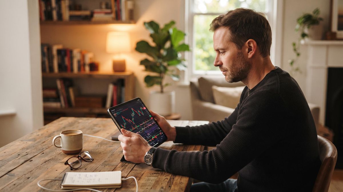 Como investir em IPOs como pessoa física: guia com o passo a passo completo 2 Pessoa de suéter escuro analisando gráficos financeiros em um tablet sobre uma mesa de madeira rústica