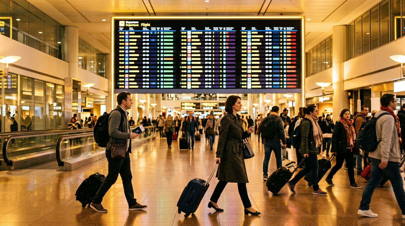Seguro viagem quando é obrigatório: países, coberturas e situações 3 Painel de voos internacionais em aeroporto exibindo destinos mundiais, viajantes passando com malas de viagem, atmosfera movimentada com iluminação do