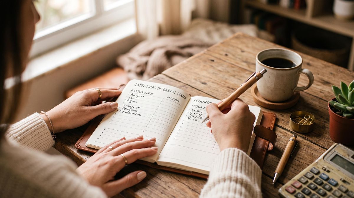 Quanto do orçamento destinar a seguros: guia prático para o Brasil 2 Primeiro plano de mãos anotando categorias de gastos fixos e seguros em um planejador financeiro sobre uma mesa de madeira, com uma xícara de café