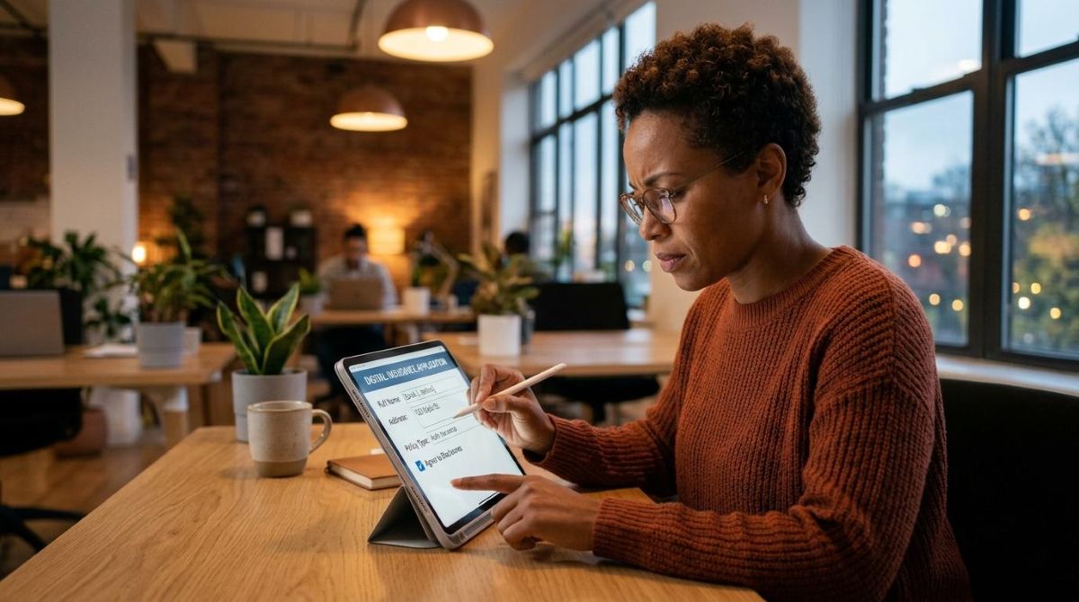 Erros comuns ao contratar um seguro pela internet e como evitá-los 3 Uma pessoa preenche com atenção um formulário digital em um tablet, ambiente de escritório moderno com iluminação aconchegante, expressão focada