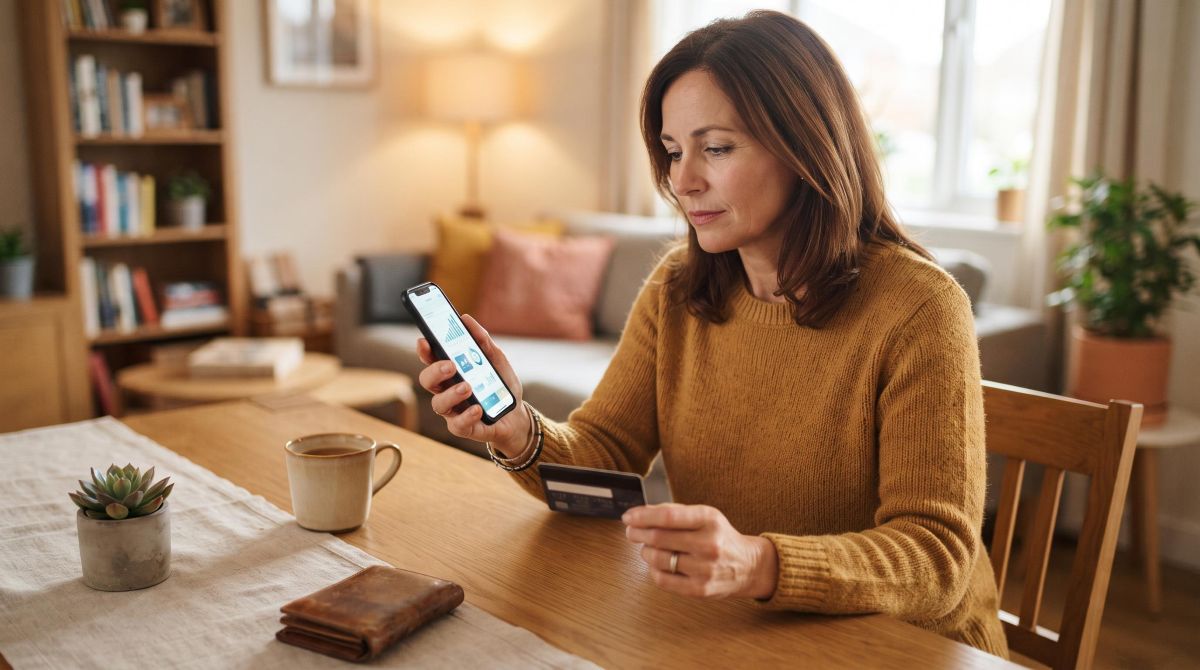 Como funciona o seguro de cartão de crédito e o que ele cobre 2 Cliente analisa a fatura do cartão de crédito em um smartphone enquanto segura o cartão na outra mão, em um ambiente doméstico limpo e iluminado