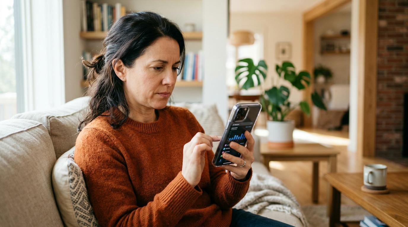 Pessoa analisando opções de seguro celular em um smartphone enquanto segura o aparelho nas mãos