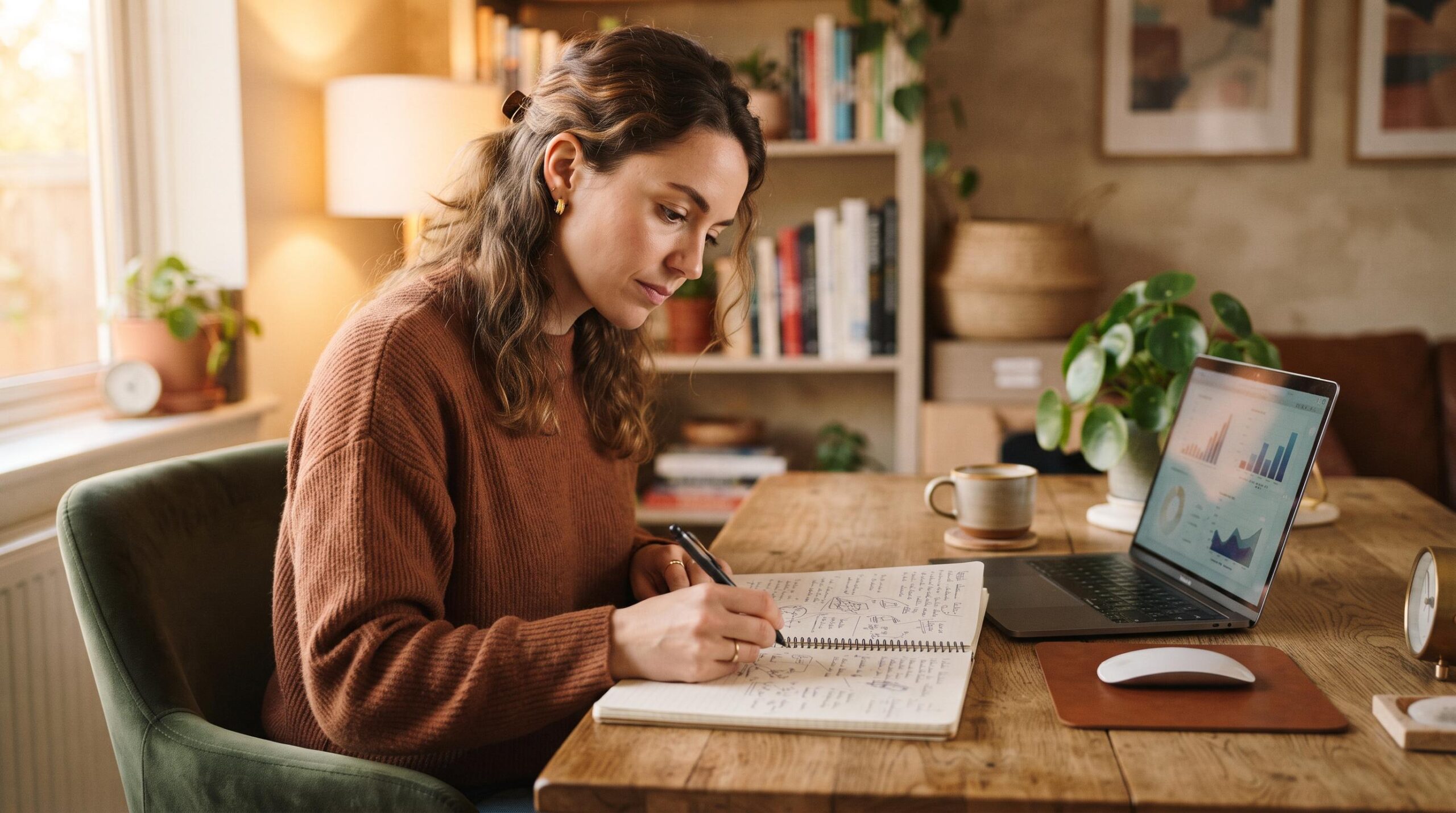 Como planejar 3 metas financeiras diferentes ao mesmo tempo sem perder o foco 2 Pessoa focada sentada em um ambiente doméstico moderno, segurando uma caneta e analisando anotações em um caderno enquanto um laptop aberto repousa ao