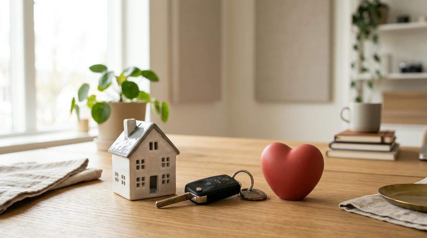 Quais seguros realmente valem a pena contratar para você e seu perfil 3 Representação visual de diferentes tipos de proteção com miniatura de casa, chave de carro e símbolo de coração sobre mesa de escritório, composição m