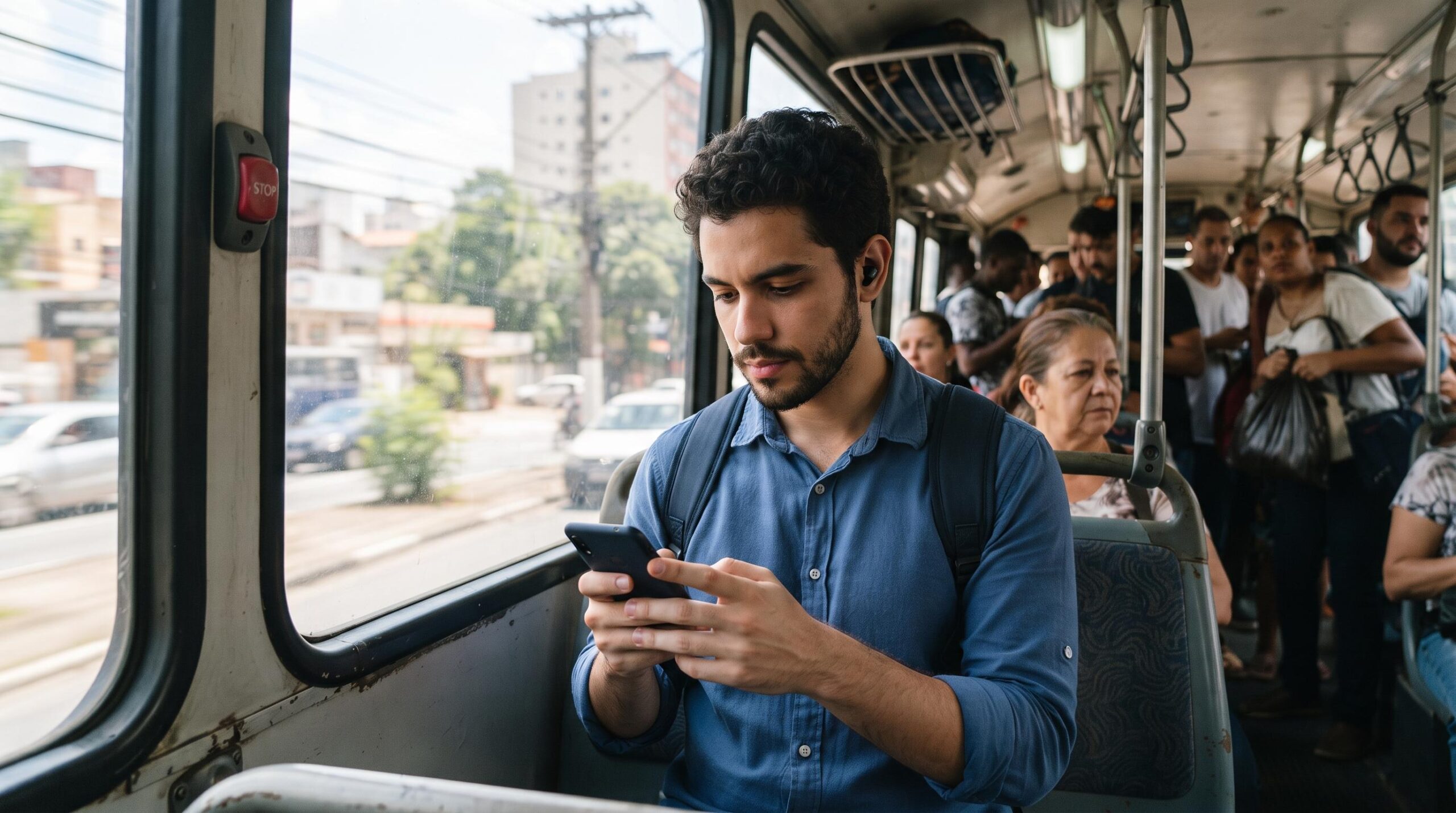 Um jovem profissional usa smartphone em um ônibus urbano brasileiro durante o dia, segurando o aparelho com cuidado enquanto interage com a tela, com