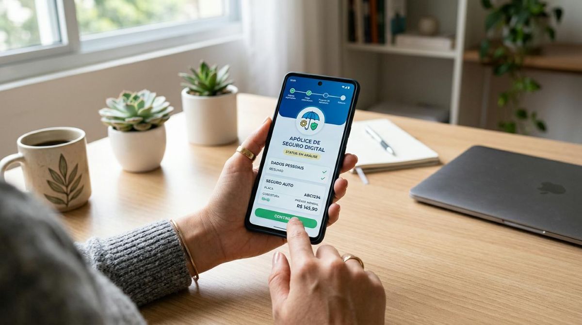 Erros comuns ao contratar um seguro pela internet e como evitá-los 2 ãos segurando um smartphone com interface de apólice de seguro digital visível, luz natural suave incidindo sobre uma mesa de trabalho limpa